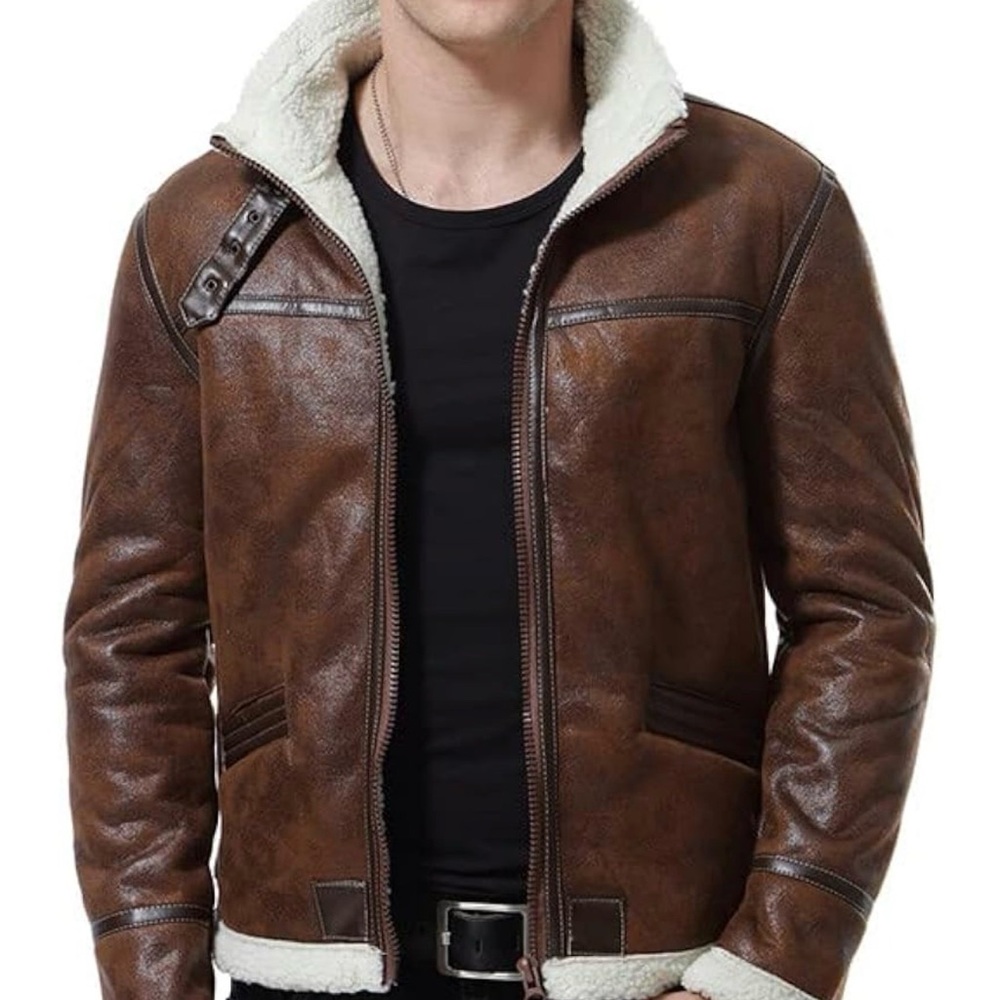 Men's Brown Aviator Bomber Faux Leather Jacket Coat with Sherpa Lining